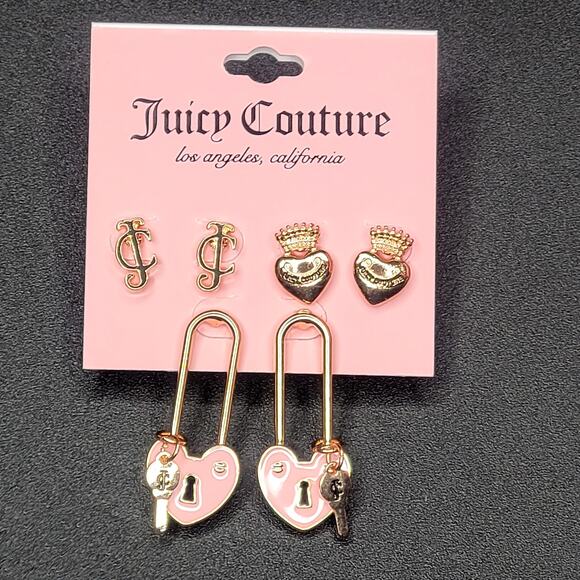Juicy Couture 3 Pair Earring Set Gold‎ JC Heart Tiara Pink Lock Key Coquette NEW - Picture 1 of 5